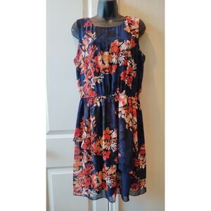Enfocus  Studio Navy and Orange Floral Sleeveless Dress Sz 14